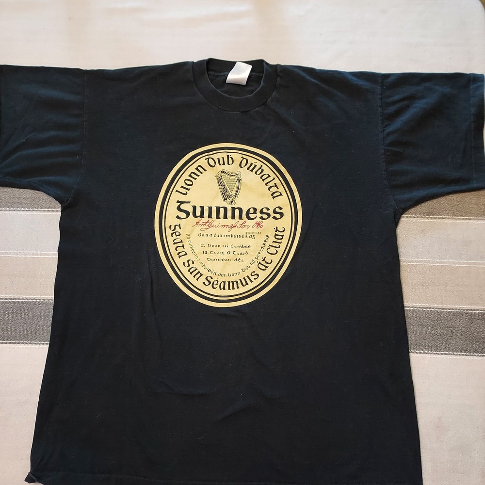 Guinness Beer Graphic T-Shirt Mens XL Black Fruit of the Loom Irish Label‎ Harp